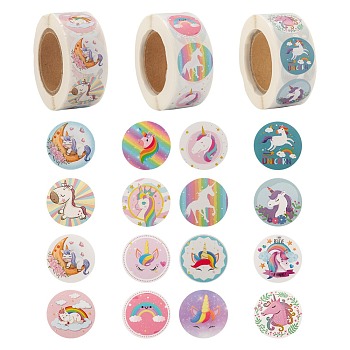 6 Rolls 3 Style Flat Round Unicorn Pattern Tag Stickers, Self-Adhesive Paper Gift Tag Stickers, for Party Decorative Presents, Mixed Color, 25mm, 500pcs/roll, 2 rolls/style