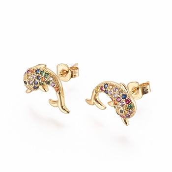 Brass Micro Pave Cubic Zirconia Stud Crawler Earrings, Climber Earrings, Dolphin, Golden, Colorful, 11x11mm, Pin: 0.8mm