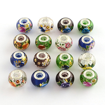 Large Hole Rondelle Flower Pattern Glass European Beads, with Silver Color Plated Brass Double Cores, Mixed Color, 14~15x11mm, Hole: 4.5~5mm