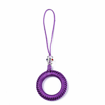 Polyester Tassel Woven Big Pendant Decorations, with Alloy Enamel Findings and Plastic Beads, Antique Silver, Dark Orchid, 110~115mm
