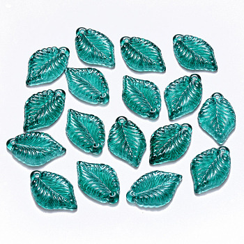 Transparent Baking Painted Glass Pendants, Leaf, Light Sea Green, 22.5x14.5x3.5mm, Hole: 1.2mm