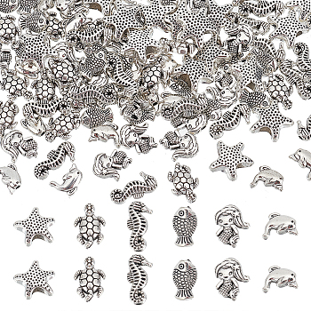 Elite 120Pcs 6 Style Tibetan Style Alloy Beads, Mermaid & Starfish & Dolphin, Antique Silver & Platinum, 6.5~20.5x9~12.5x3.5~6mm, Hole: 1~4.5mm, 20pcs/style