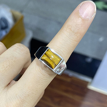 Rectangle Natural Tiger Eye Finger Ring, Stainless Steel Jewelry, Stainless Steel Color, Inner Diameter: 18.2mm