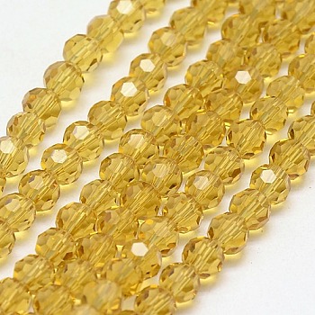 Glass Beads Strands, Faceted(32 Facets), Round, Light Khaki, 4mm, Hole: 1mm, about 98pcs/strand, 13.7 inch