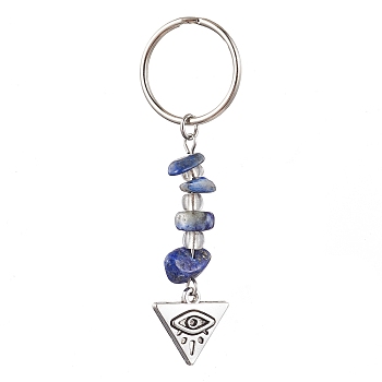 Tibetan Style Alloy Keychain, with Natural Lapis Lazuli Beads and Iron Split Key Rings, Evil Eye with Triangle, Triangle, 6.4cm, Triangle: 42x16x6mm