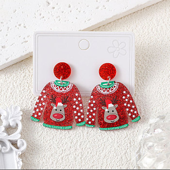 Christmas Acrylic Dangle Stud Earrings, Red, Clothes, 46x38mm