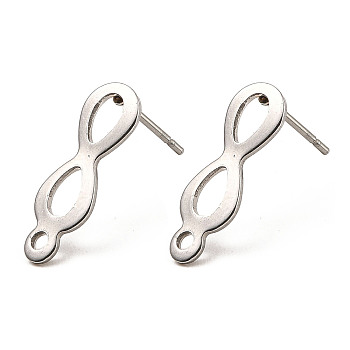 Infinity Shape 201 Stainless Steel Stud Earrings Findings, with 304 Stainless Steel Pins & Horizontal Loop, Stainless Steel Color, 18.5x6.5mm, Hole: 1.2mm, Pin: 0.7mm