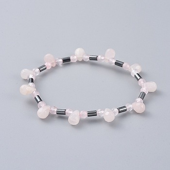 Non-magnetic Synthetic Hematite Beads Stretch Bracelets, with Natural Rose Quartz Beads, 2-1/4 inch(5.8cm)