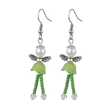 304 Stainless Steel Fairy Dangle Earrings, Glass Seed & Acrylic Pearl Long Drop Earrings, Lime Green, 55.5x14mm