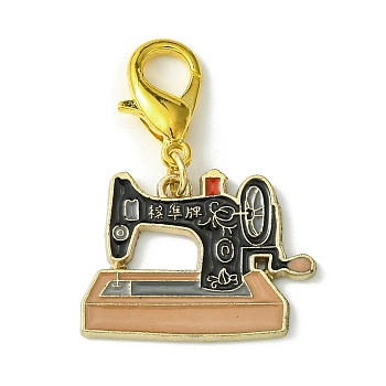 Sewing Machine Alloy Enamel Pendant Decorations, with Lobster Claw Clasps, Golden, Black, 36mm