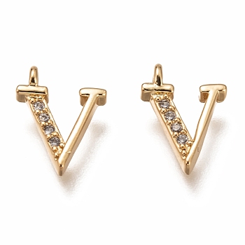 Brass Micro Pave Clear Cubic Zirconia Charms, Cadmium Free & Lead Free, Long-Lasting Plated, Alphabet, Letter.V, 11x8.5x3mm, Hole: 1.4mm