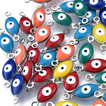 304 Stainless Steel Enamel Connector Charms, Stainless Steel Color, Horse Eye, Mixed Color, 14.5x5x3mm, Hole: 1.2mm