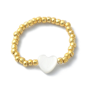 Natural Shell & TOHO Round Seed Braided Bead Style Finger Ring, Heart, Inner Diameter: 16mm, Heart: 6.5x6mm