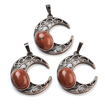 Natural Red Jasper Pendants, with Red Copper Plated Brass Findings, Moon, 34x30x9~9.5mm, Hole: 5x8mm