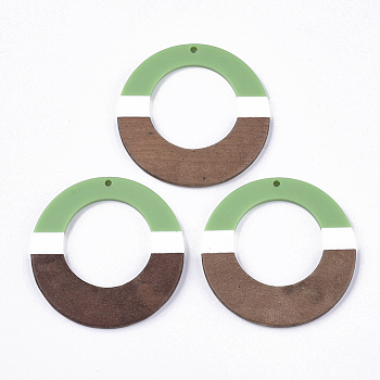 Resin & Walnut Wood Pendants, Tri-color, Flat Round, Light Green, 49x3~3.5mm, Hole: 2mm