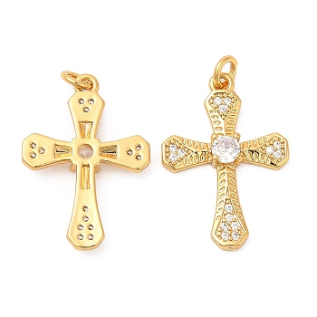 Brass Micro Pave Cubic Zirconia Pendants, Cross, Real 18K Gold Plated, 26x18x4mm, Hole: 2.8mm