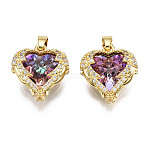 Brass Medium Violet Red Cubic Zirconia Pendants, Nickel Free, Heart, Real 16K Gold Plated, 16.5x15.5x7.5mm, Hole: 3mm(KK-Q769-019-NF)