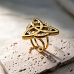 304 Stainless Steel Rhinestone Cuff Open Rings, Triqueta, Real 18K Gold Plated, 18mm(RJEW-H269-07G)