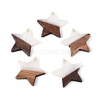 Resin & Walnut Wood Pendants, Star, White, 20.5x22~22.5x3.5mm, Hole: 1.5mm(RESI-T057-37A)