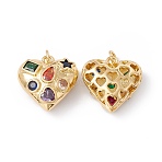 Rack Plating Brass Micro Pave Colorful Cubic Zirconia Pendants, with Jump Ring, Cadmium Free & Nickel Free & Lead Free, Hollow, Heart, Real 18K Gold Plated, 17.5x15x7.5mm, Jump Ring: 5x0.8mm, Inner Diameter: 3.4mm(ZIRC-C040-13G)