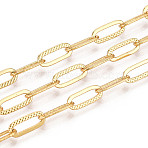 Brass Paperclip Chains, Soldered, with Spool, Textured, Golden, 10x4x0.5mm, about 32.81 Feet(10m)/Roll(CHC-T018-52G)