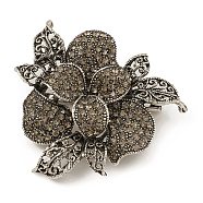 Alloy Rhinestone Brooch Pins,  Flower Badge for Clothes Backpack, Antique Silver, 54.5x52.5x7.5mm(JEWB-Q030-35AS)
