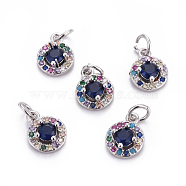 Brass Micro Pave Cubic Zirconia Charms, with Jump Rings, Flat Round, Colorful, Platinum, 11x8.5x3.5mm, Hole: 3mm(ZIRC-L070-49P)