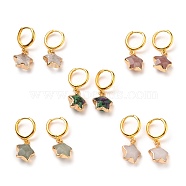 Brass Huggie Hoop Earrings, with Natural Gemstone Star Pendants, Golden, 30x14x6mm, Pin: 1mm(EJEW-JE04323)