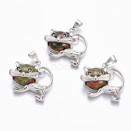 Natural Unakite Kitten Pendants, with Platinum Tone Brass Findings, Cartoon Cat Shape, 28x30x9mm, Hole: 5x7mm(G-J386-C16)