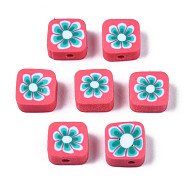 Handmade Polymer Clay Beads, for DIY Jewelry Crafts Supplies, Square with Flower, Dark Turquoise, 9~9.5x9.5x4~4.5mm, Hole: 1.8mm(CLAY-N008-034B)