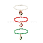 3Pcs 3 Style Glass Seed Stretch Bracelets Set, Christmas Tree & Santa Claus & Wreath Alloy Charm Bracelets with Enamel for Women, Mixed Color, Inner Diameter: 2-1/4 inch(5.8cm), 1Pc/style(BJEW-JB08200)