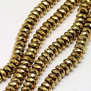 Electroplate Non-magnetic Synthetic Hematite Beads Strands, Faceted, Rondelle, Grade A, Golden Plated, 6x3mm, Hole: 1.2mm, about 130pcs/strand, 16 inch(G-J160-D-02)