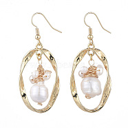 Oval Dangle Earrings, with Natural Pearl, Alloy Twist Links, Brass Earring Hooks and Cardboard Boxes, Real 18K Gold Plated, 54~55mm, Pin: 0.6mm(EJEW-JE04165-02)
