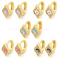 Rhombus with Evil Eye Real 18K Gold Plated Brass Hoop Earrings, with Enamel and Clear Cubic Zirconia, Mixed Color, 12x7mm(EJEW-L269-070G)