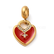 Ion Plating(IP) 304 Stainless Steel Enamel European Dangle Charms, Large Hole Pendants with Crystal Rhinestone, Heart, Golden, FireBrick, 25mm, Pendant: 16x14x3mm, Hole: 4.5mm(STAS-G308-36G-02)