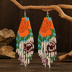 Bohemian Style Handmade Glass Bead Flower Dangle Earrings for Vacation and Daily Wear, Orange, 110x35mm(DA2939)