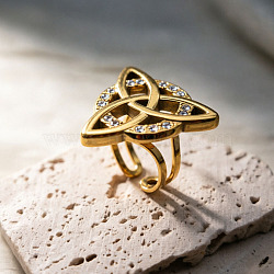 304 Stainless Steel Rhinestone Cuff Open Rings, Triqueta, Real 18K Gold Plated, 18mm(RJEW-H269-07G)