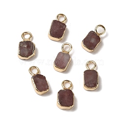 Natural Strawberry Quartz Rectangle Charms, with Golden Tone Brass Edge, 9.5x5x2.5mm, Hole: 2mm(G-Q169-07G-04)