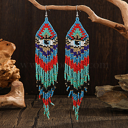 Bohemian Style Tassel Dangle Earrings, with Eye Pattern and Glass Beads, Platinum, Blue, 145x32mm(RM8335-2)