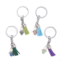 Alloy Keychain Findings, with Natural Lava Rock Beads and Faux Suede Tassel Pendant, Angel, Mixed Color, 8.6~8.8cm(KEYC-JKC00274)