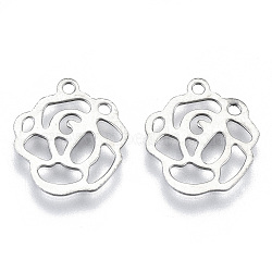 Valentine's Day 201 Stainless Steel Charms, Laser Cut, Hollow, Rose, Stainless Steel Color, 13.5x12x0.5mm, Hole: 1.2mm(STAS-R116-054)