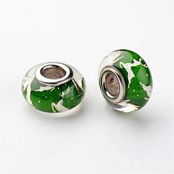 Large Hole Rondelle Resin European Beads, with Platinum Tone Brass Double Cores, Christmas, Green, 14x8mm, Hole: 5mm(RPDL-H003-40)