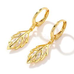 Chic Mini Leaf Brass Hoop Earrings, with Clear Cubic Zirconia, Golden, 31x8mm(KE0855-2)