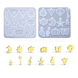 DIY Pendant Silicone Molds, Resin Casting Molds, Heart Key, Heart Lock, Triangle, Flower, Star, Moon, Fox's Head, Butterfly, Musical Note, Leaf, Cup, White, 77x79x4mm, Hole: 1.5~2.5mm, Inner Diameter: 11.5~25x9~20mm(DIY-C054-09)