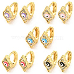 Rhombus with Evil Eye Real 18K Gold Plated Brass Hoop Earrings, with Enamel and Clear Cubic Zirconia, Mixed Color, 12x7mm(EJEW-L269-070G)