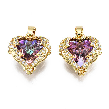Brass Medium Violet Red Cubic Zirconia Pendants, Nickel Free, Heart, Real 16K Gold Plated, 16.5x15.5x7.5mm, Hole: 3mm