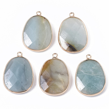 Natural Amazonite Pendants, with Golden Plated Edge Brass Findings, Nickel Free, Faceted, Oval, 25~26x17~18x5mm, Hole: 1.4mm