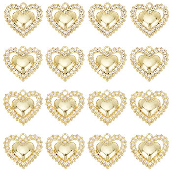 Elite 16Pcs 2 Style Alloy Pendants, with ABS Plastic Imitation Pearl  and Crystal Rhinestone, Heart, Light Gold, 18x19x4.5mm, Hole: 1.6mm, 8pcs/style