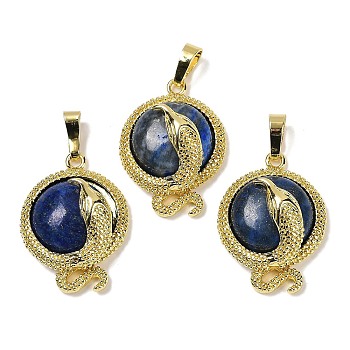 Dyed Natural Lapis Lazuli Flat Round Shaped Brass Pendants, Rack Plating, Cadmium Free & Lead Free, Golden, 29.5x21.5x9.5~11mm, Hole: 7.5x4.5mm