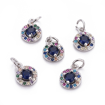 Brass Micro Pave Cubic Zirconia Charms, with Jump Rings, Flat Round, Colorful, Platinum, 11x8.5x3.5mm, Hole: 3mm